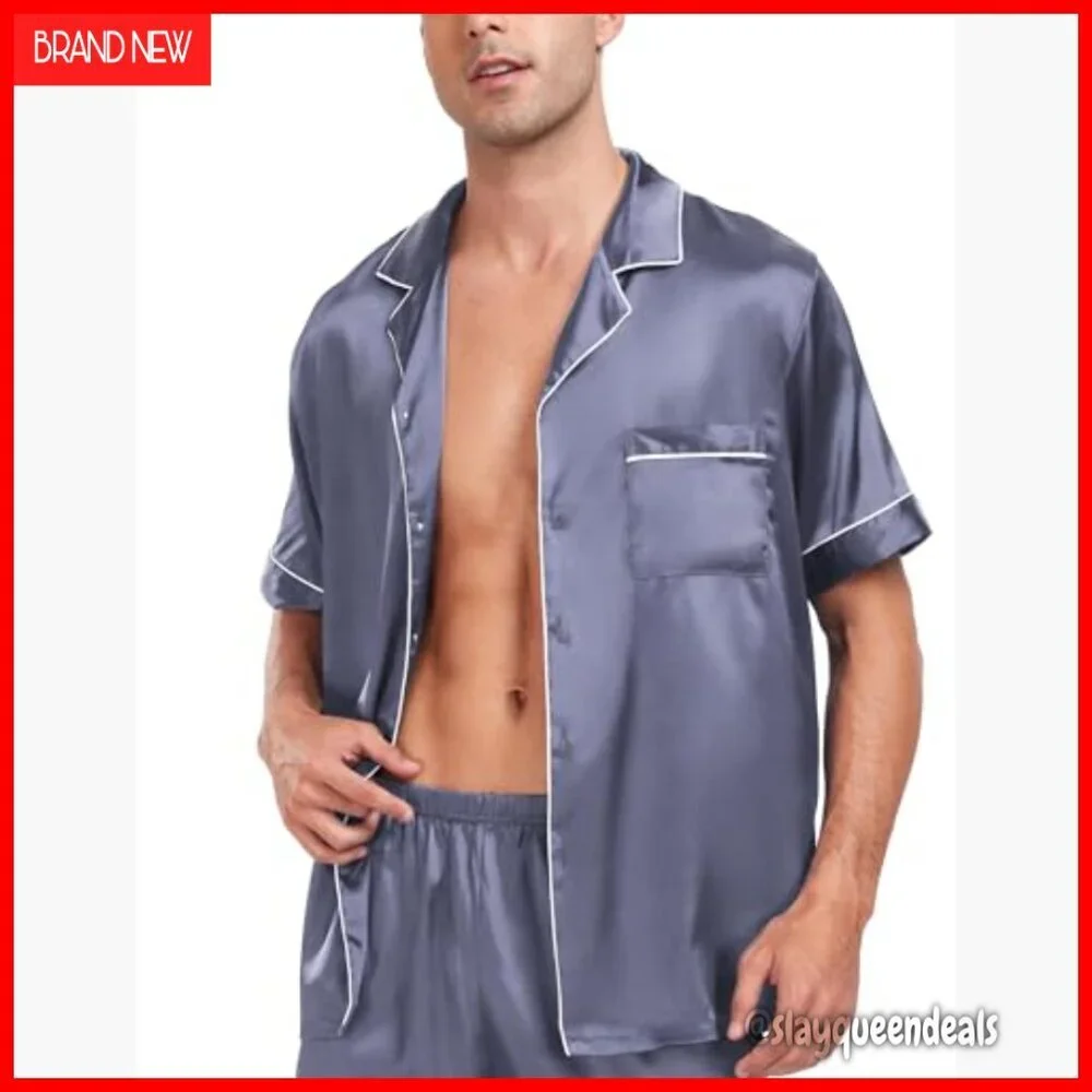 Men's Satin Silk Pajama Set Short Sleeve Button-Down Lounge Wear with Pockets
